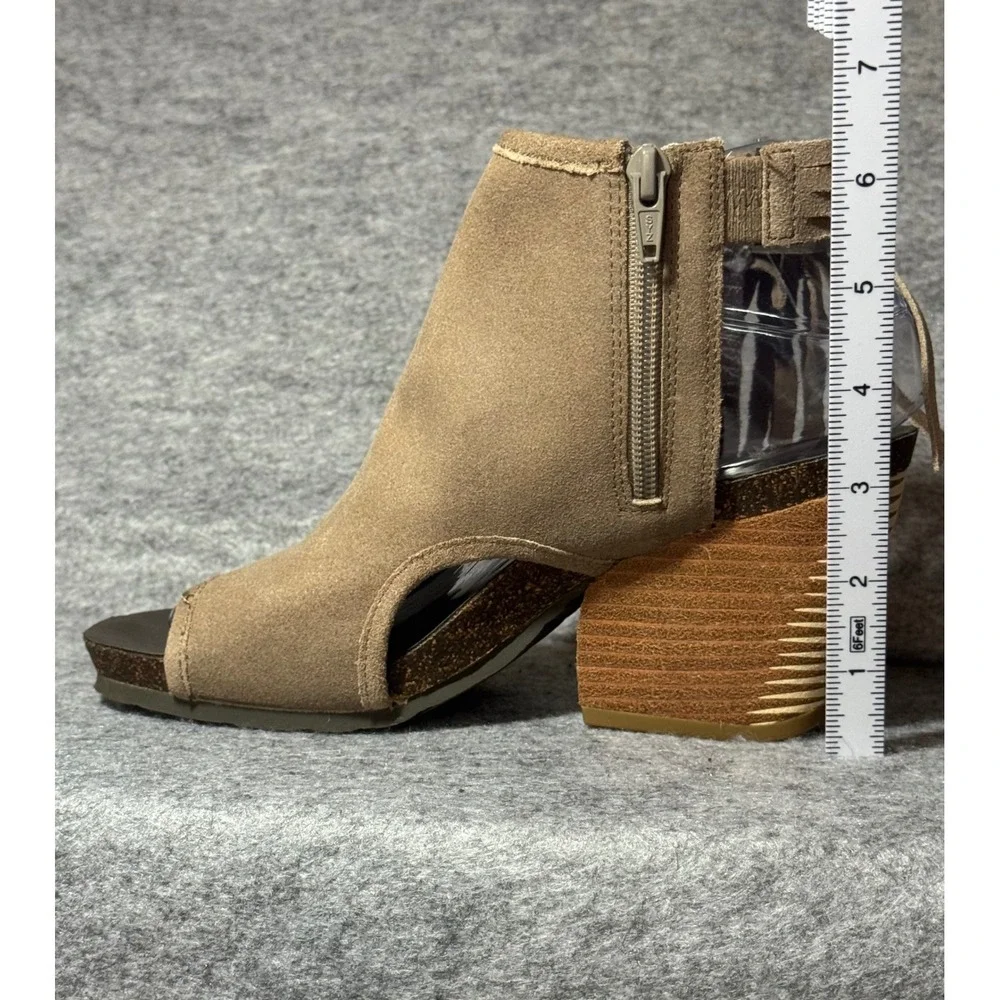 NWOT OTBT Nomadic Taupe Leather Fringe Peep Toe Wedge Booties W 7M Boho Sandals - Picture 7 of 8